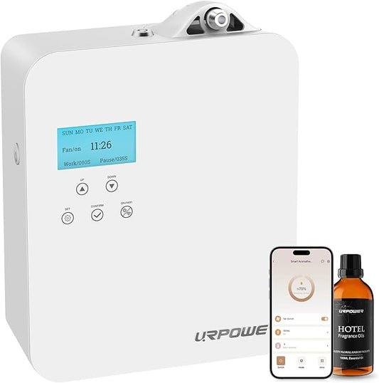 URPOWER 300ml Waterless Nebulizing Scent Diffuser Up to 3000 Sq Ft, Smart APP Control HVAC/Wall Cold-Air Aromatherapy Machine with Lockable Oil Bottle for Home/Office/Hotel Starter Oil Included - Bloomnest