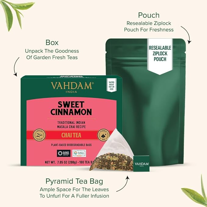 VAHDAM, Sweet Cinnamon Tea | 100 Tea Bags | 100% Natural Spices | Cinnamon Masala Chai Tea Recipe | Spiced Chai Tea Bag | Brew as Hot or Iced - Bloomnest