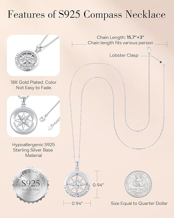 S925 Necklace Gift for Wife |Compass Jewelry |Women Anniversary |Sterling Silver |Girlfriend Birthday Gifts for Her Valentines |I'd be Lost without You |Jewel 18K Gold - Bloomnest