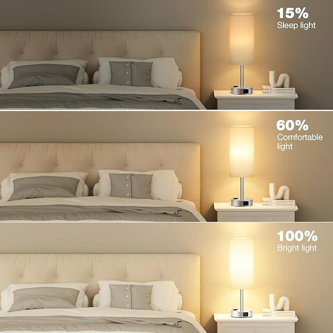 Fenmzee White Touch Bedroom Table Lamp - 3 Way Dimmable Bedside Lamp USB C A Charging Ports and AC Outlet, Small Lamp Nightstand with Silver Base for Living Room, Office Desk, LED Bulb Included - Bloomnest
