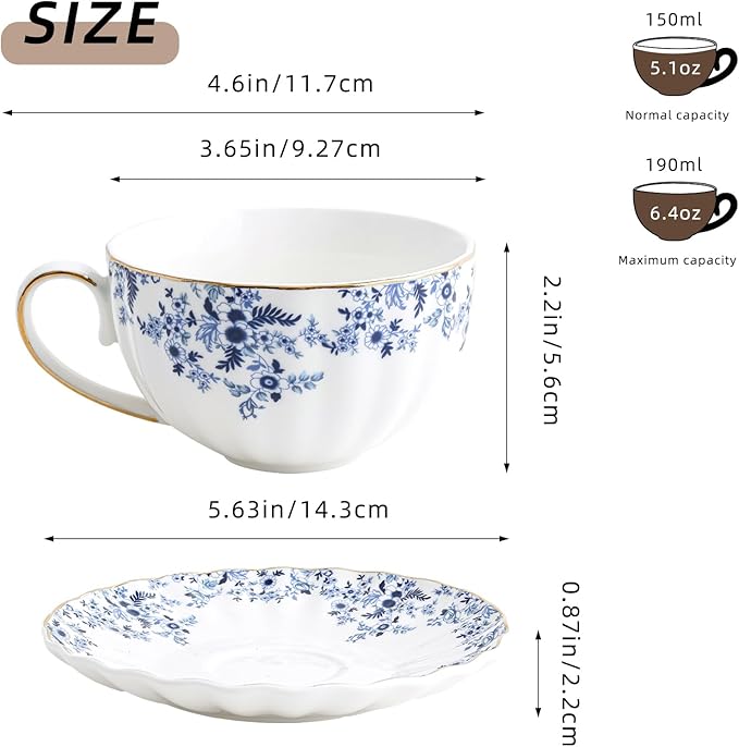 ceramic tea cups and saucers 6oz,floral tea cups for Coffee, Latte, Cafe Mocha and Tea (Little Blue Flowers) - Bloomnest