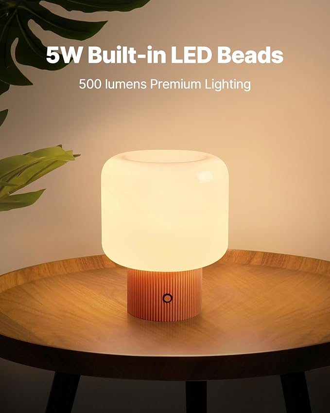 Halo Mushroom Lamp, 5W Cute Cordless Rechargeable Table Lamp with Glass Shade, 3-Color Dimmable Small Retro Touch Bedside Lamp for Bedroom Ambient Decor (Orange) - Bloomnest