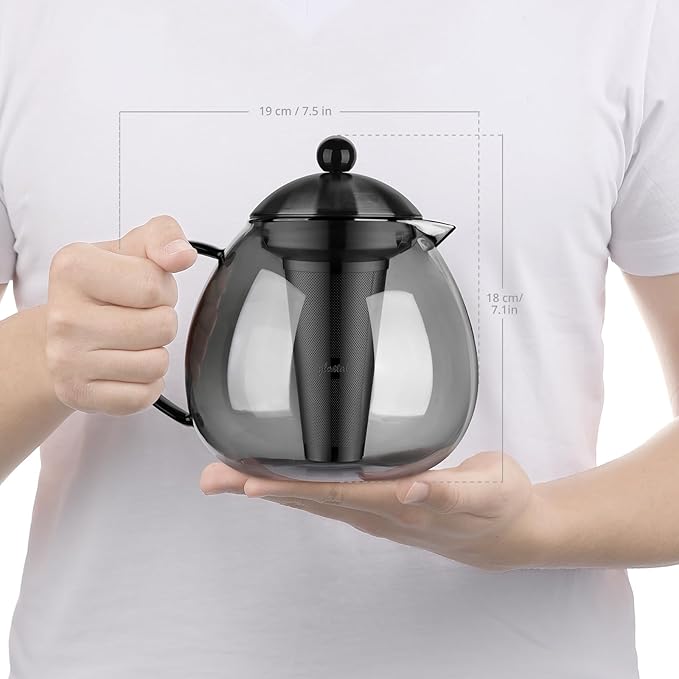 glastal 51 oz Large Glass Teapot with Infuser Stovetop Safe, Glass Tea Kettle for Stove Top, Clear Teapot with Strainer for Loose Tea (1500 ml) Black