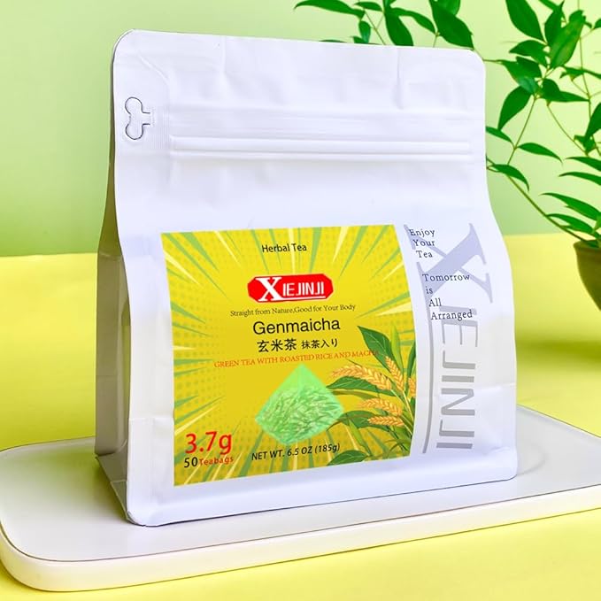 XIEJINJI Genmaicha, Green Tea with Matcha - 3.7g x 50 Count, Japanese-style Roasted Brown Rice Tea, Low Caffeine, Eco-Conscious Tea Bags - Bloomnest