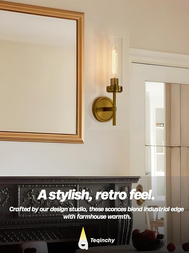 Modern Wall Sconces Set of Two Brass Gold Bathroom Vanity Light with Handblown Clear Glass Hardwired Wall Sconce Light for Bathroom Mirror Bedroom Livingroom Hallway Indoor - Bloomnest