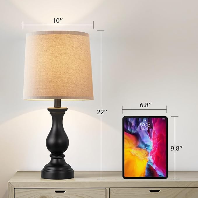 Seealle Farmhouse Table Lamps Set of 2 - Rustic Lamp for Bedroom Living Room, 22" Boho Bedside Lamps for Night Stands End Table Office Desk Lamp Nightstand with Linen Shades(Matte Black) - Bloomnest
