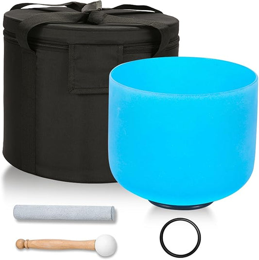 432HZ 8 Inchs G Note Blue Frosted Crystal Singing Bowl for Meditation Healing Yoga Chakra Quartz Crystal Sound Bowls with Heavy Duty Carry Case and Rubber Mallet,Suede Striker,O-rings - Bloomnest