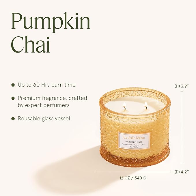 LA JOLIE MUSE Pumpkin Chai Candle | Spicy Chai & Vanilla | 12 oz Double Wick Soy Candle | 60 Hours Clean Burn | Elegant Home Décor & Hosting Gift - Bloomnest