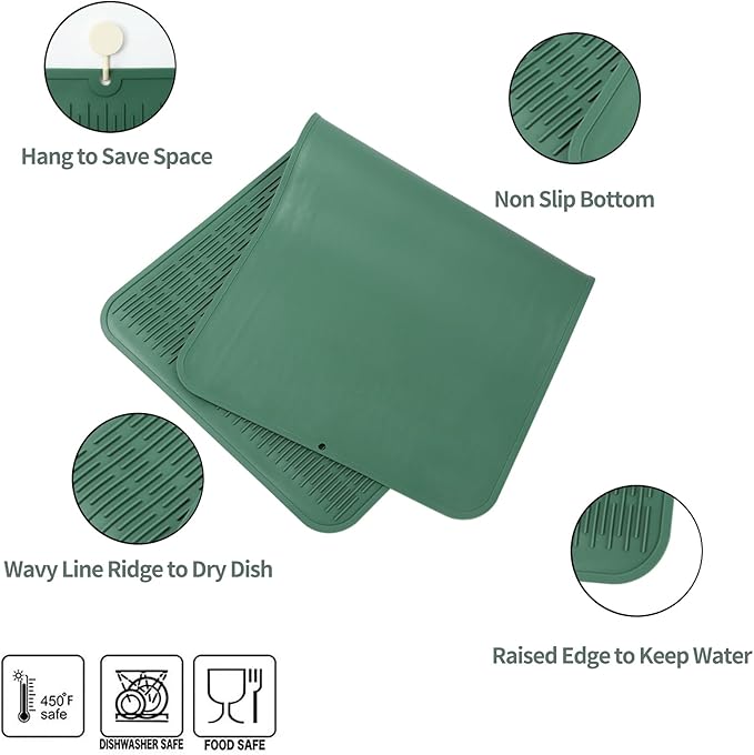Silicone Dish Drying Mat for Multiple Usage,Easy clean,Eco-friendly,Heat-resistant Silicone Mat for Kitchen Counter or Sink,Refrigerator or Drawer Liner Green 5XL 36inches x 18inches - Bloomnest