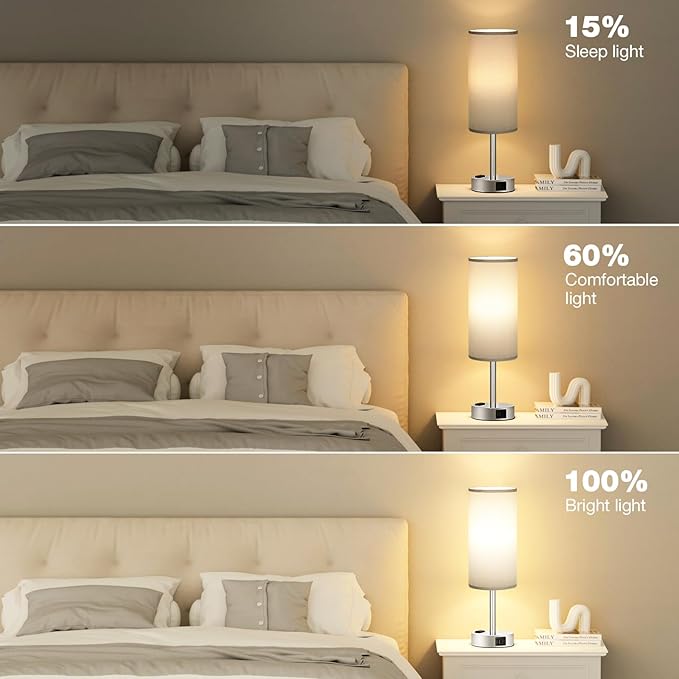 Fenmzee Grey Nightstand Table Lamp for Bedroom - 3 Way Dimmable Bedside Lamp USB C A Charging Ports and AC Outlet, Small Table Lamp Silver Base for Living Room, Office Desk, LED Bulb Included - Bloomnest