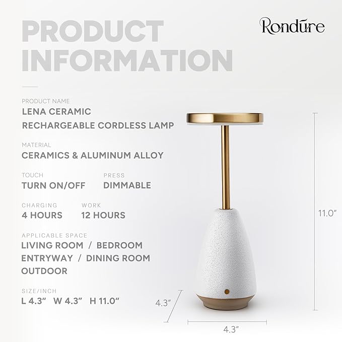 RONDURE 11.0" Ceramic Cordless Table Lamp, Portable Rechargeable Table lamp, Touch Dimmable Warm Ambient Lighting for Living Room, Bedroom, Dining Room, Fast Charging & Long Lasting - Bloomnest