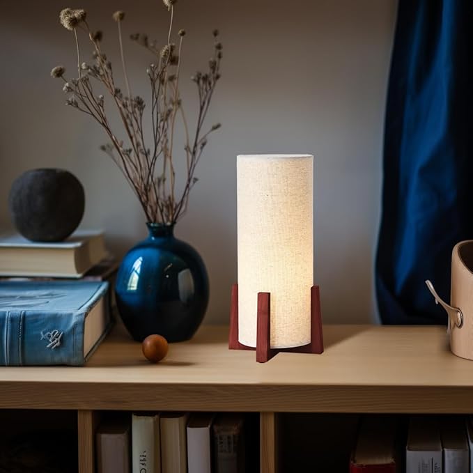 KUNJOULAM Modern Small Table Lamps, Nightstand Lamp with Linen Fabric Shade, 13.9" Cylinder Bedside Table Lamp for Bedroom, Cafe, Living Room Home Decor - Bloomnest