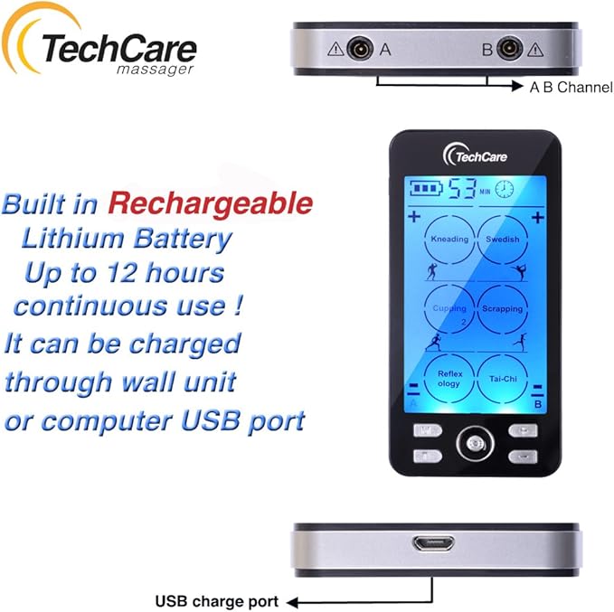 TechCare TENS EMS Muscle Stimulator – Dual Channel Rechargeable Unit with 24 Modes & 20 Intensity Levels for Pain Relief, Back & Sciatica Therapy, Muscle Recovery & Massage TechcareMassager