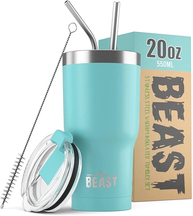 Beast 20 oz Tumbler Stainless Steel Vacuum Insulated Coffee Ice Cup Double Wall Travel Flask (Aquamarine Blue) - Bloomnest