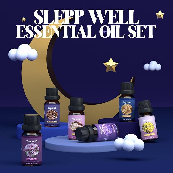 SALKING Sleep Essential Oils Set, Pure and Natural Essential Oils, Fragrance Oil Scented Oils for Oil Diffusers 6 x 10 ML - Lavender, Vetiver, Sandalwood, Valerian, Helichrysum, Benzoin… - Bloomnest