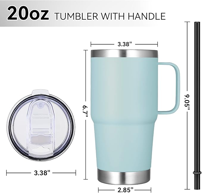 VEGOND 20 oz Tumbler Bulk with Handle Lid and Straw, Stainless Steel Insulated Travel Coffee Mug Set, Spill Proof Double Wall Metal Tumblers Cups, Mint Green 12 Pack - Bloomnest