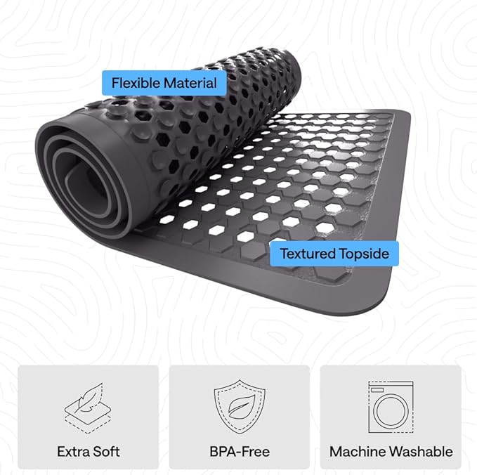 GORILLA GRIP Patented Bath Tub Shower Mat, Machine Washable Bathtub Floor Liner Mats, Suction Cups and Drain Holes to Keep Tubs Clean, Soft on Feet, Bathroom Essentials, 35x16 Inch, Charcoal Opaque - Bloomnest
