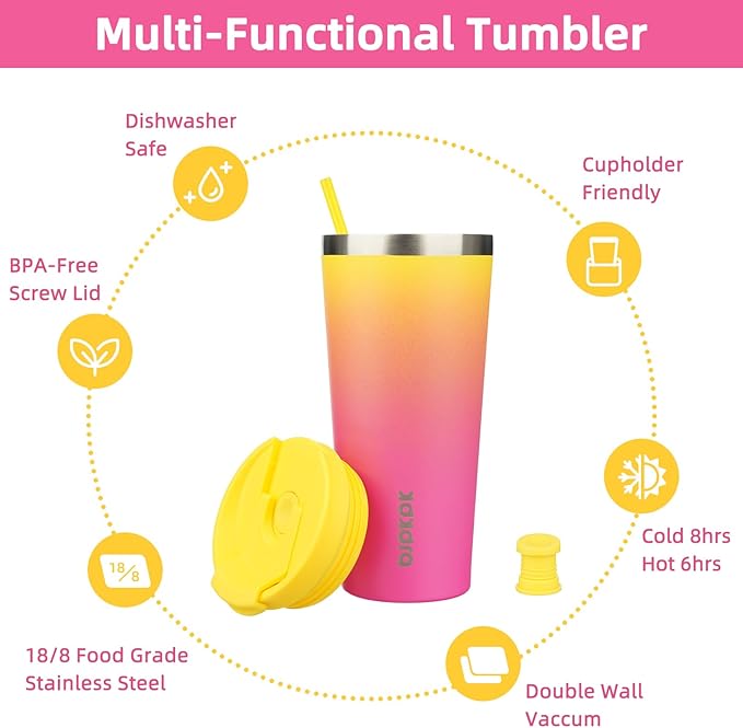 BJPKPK 22oz Stainless Steel Insulated Tumbler With lid And Straw Travel Coffee Thermal Tumblers Cup For Women And Men,Pink Yellow Rose - Bloomnest
