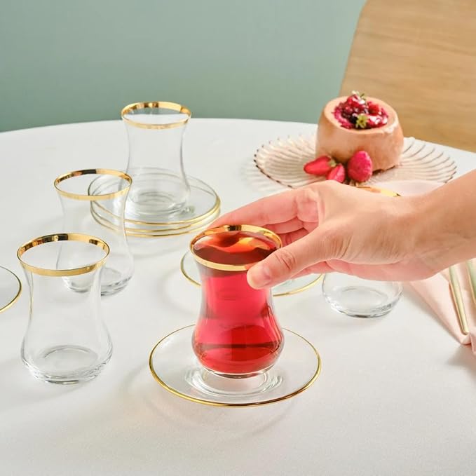 KARACA Sydney Glass Turkish Tea Set for 6 People, Gold, 12 Pieces Tea Service, 6 Turkish Tea Glasses with Saucers, Glass, 5.4 fl oz Tea Plates/Saucers - Bloomnest