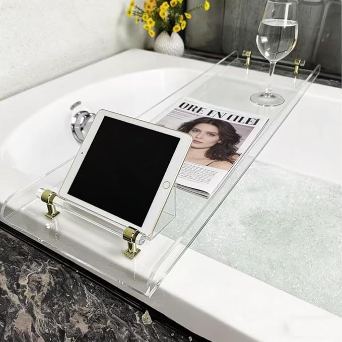 WANLIAN 33inch Luxury Bathtub Caddy Tray for Bathroom Bath tub Table Caddy Shelf for Shower Storage Organizer tub Accessories for Bath tub Table Caddy (Gold-Clear) - Bloomnest