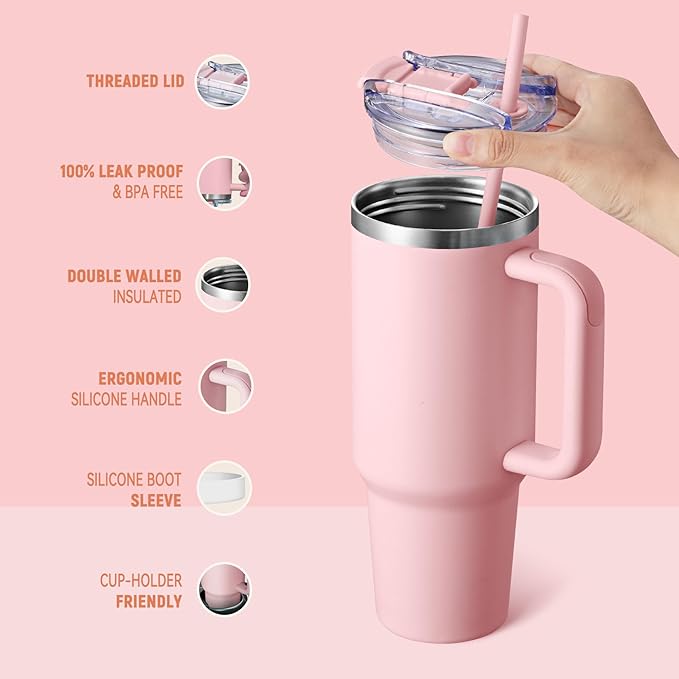 COKTIK 40 oz Tumbler With Handle and Straw Lid, Vacuum Insulated Travel Coffee Mug Stainless Steel Insulated Cup for Beverages, Leak-proof, Cupholder Friendly (Blush) - Bloomnest