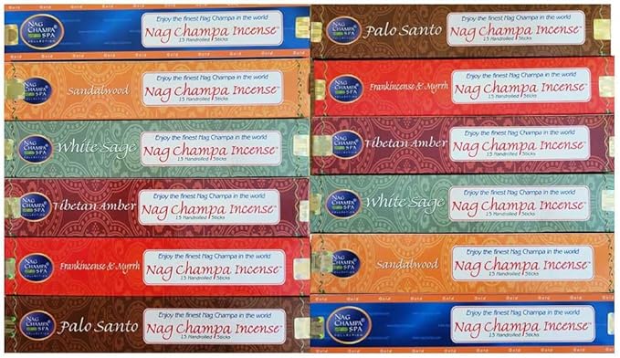 Nag Champa Fragrance Sampler - 12 Boxes (15 Sticks Each) - Includes 2 Boxes Each of Nag Champa Gold, Sandalwood, Frankincense & Myrrh, White Sage, Palo Santo, and Tibetan Amber - 180 Sticks Total NagChampaSpaCollection
