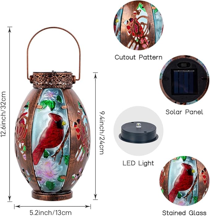 Starsoul 2 PC Cardinal Outdoor Solar Lantern Cardinal Solar Light Waterproof Tabletop Lamp with Hollowed-Out Design for Yard Patio Garden Pathway - Bloomnest