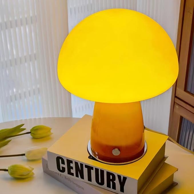 Cute Mushroom Lamp with Glass Lampshade,Small Orange Table Light,Dimmable Led Bedside Lamp,Mid Century Modern Desk Light for Living Room Bedroom - Bloomnest