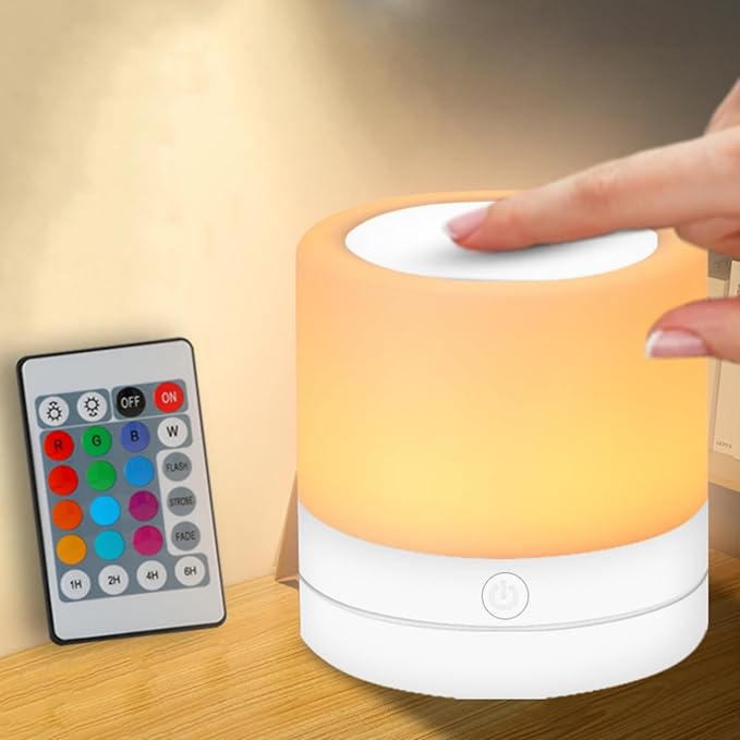 Nursery Night Light for Kids, USB Rechargeable Small Desk Lamp,13 RGB Colors & 4 Brightness & 1 Remote, Touch Bedside Cordless Table Lamp, Portable Night Lamp for Bedroom Living Room Home (White) - Bloomnest
