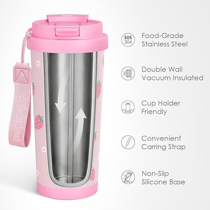 Strawberry Tumbler - Stainless Steel 2-in-1 Lid Coffee Tumbler 18 oz, Insulated Travel Mug Gift for Women Girls Teen Mother, Birthday Christmas - Bloomnest