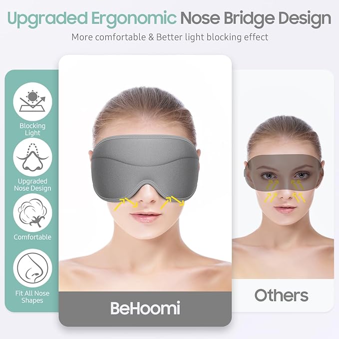 Sleep Mask, Premium Eye Mask for Sleeping, Completely Blackout, Superior Soft Comfort, Upgraded 3D Ergonomic Designed Sleeping Mask for Home, Office, Travel, Meditation, Yoga, Grey - Bloomnest