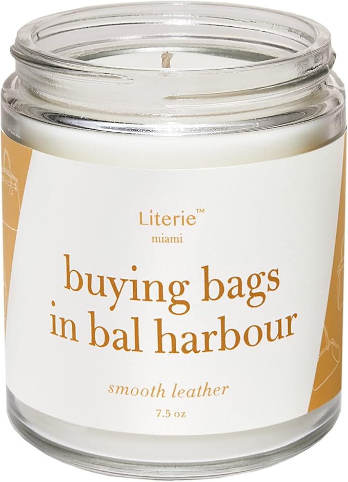 Literie Miami Inspired Scented Candle: Buying Bags in Bal Harbor - Smooth Leather Scent, 7.5oz, 40 Hour Burn, Vegan Soy & Coconut Blend Candle for Home Decor, Gift for Women & Men - Bloomnest
