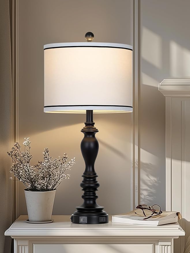 28" Set of 2 Farmhouse Table Lamps for Living room, Bedside Lamp with USB C+A Ports & AC Outlets, Black Vintage End Table Lamps for Bedrooms, Nightstand Lamps Fabric Shades Rustic 2 LED Bulbs Included - Bloomnest