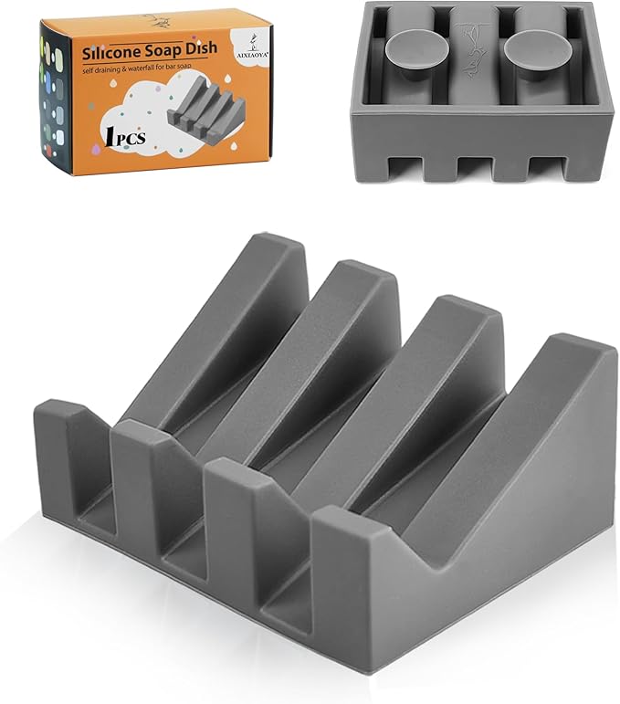 Silicone Soap Dish with Drain, Upgrade Double Suction Cups at The Bottom for Anti-Slip and Stability, Soap Dish Shower Waterfall Bar Soap Holder Tray with Drain Soap Holder (1, Grey) - Bloomnest
