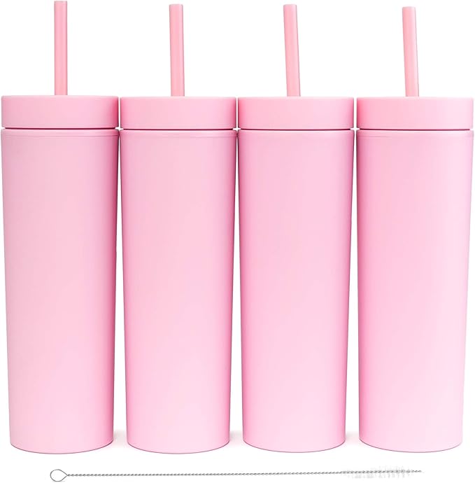 STRATA CUPS Pink Skinny Tumblers with Lids and Straws (4 pack) - 16oz Matte Pastel Colored Acrylic Tumblers with Lids and Straws, Double Wall Skinny Tumbler Bulk, Reusable Cup with Straw Cleaner - Bloomnest