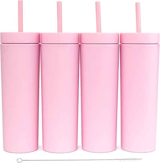 STRATA CUPS Pink Skinny Tumblers with Lids and Straws (4 pack) - 16oz Matte Pastel Colored Acrylic Tumblers with Lids and Straws, Double Wall Skinny Tumbler Bulk, Reusable Cup with Straw Cleaner - Bloomnest