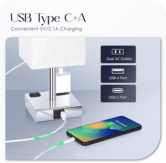 Bedside Lamp with USB Ports - Touch Control Table Lamp for Bedroom with USB C+A Charging Ports & AC Outlets, 3 Way Dimmable Nightstand Light for Living Room (LED Bulb Included, Chrome - Flaxen) - Bloomnest
