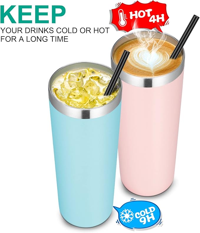 VEGOND Stainless Steel Tumblers Bulk 6 Pack, 20 oz Vacuum Insulated Skinny Tumblers with Lid and Straw, Double Wall Coffee Mug, Travel Water Cup, Blue - Bloomnest