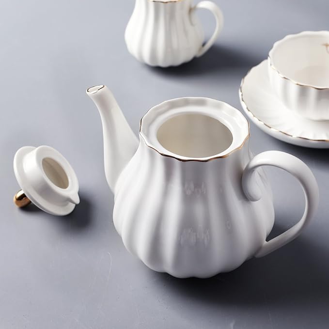Porcelain Tea Sets British Royal Series, 8 OZ Cups& Saucer Service for 6, with Teapot Sugar Bowl Cream Pitcher Teaspoons and tea strainer for Tea/Coffee, Pukka Home (Pure White) - Bloomnest