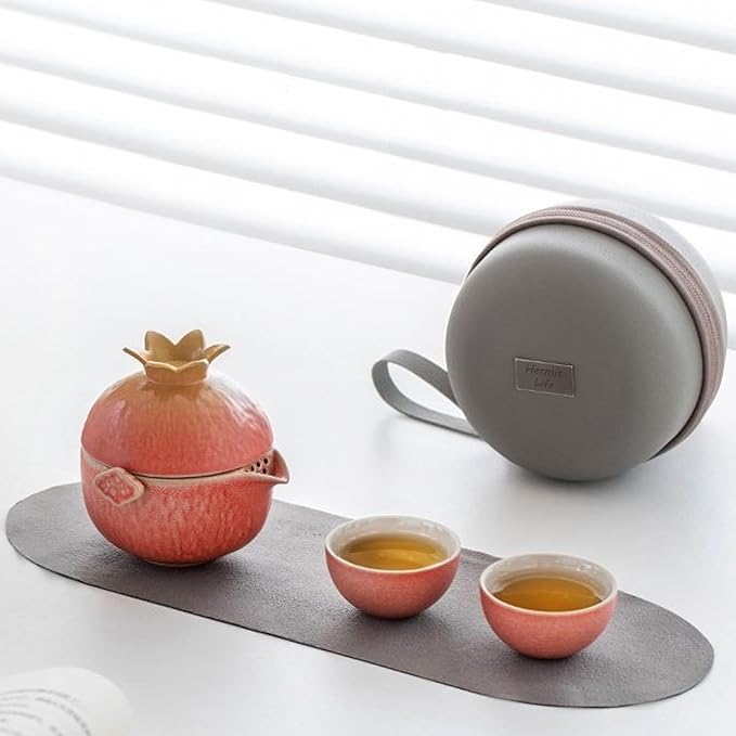 Pomegranate Shape Travel Teapot, Portable Ceramic Tea Set, 1 Pot 3 Mini Cups, Tea Set for One to Three, Tea Gift for Tea Lovers - Bloomnest