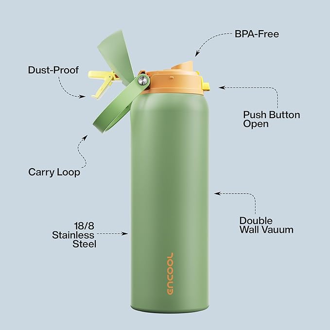 Insulated Water Bottle with Straw - Encool Stainless Steel Water Bottle with Push Button Lid, Leak-Proof & BPA-Free, Keeps Cold for 24 Hours for Sports, Travel, Gym (40 oz, Lichen-Yellow) ENCOOL