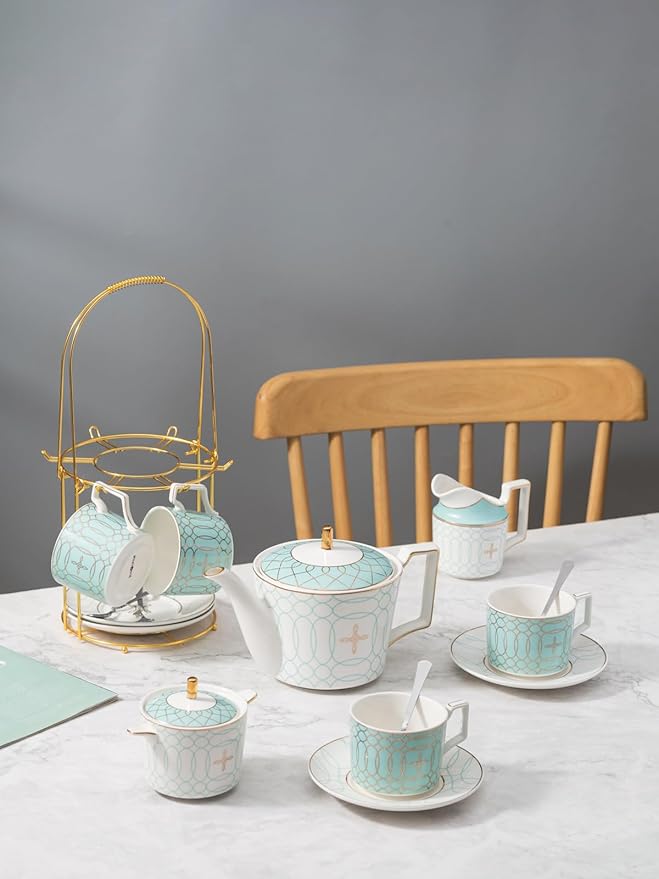 Jusalpha Fine China Blue Coffee Cup/Teacup Set, 8 OZ Cups& Saucer Service for 4, with Teapot-Sugar Bowl-Cream Pitcher Teaspoons and tea strainer for Tea/Coffee, 17-Pieces (Blue) - Bloomnest