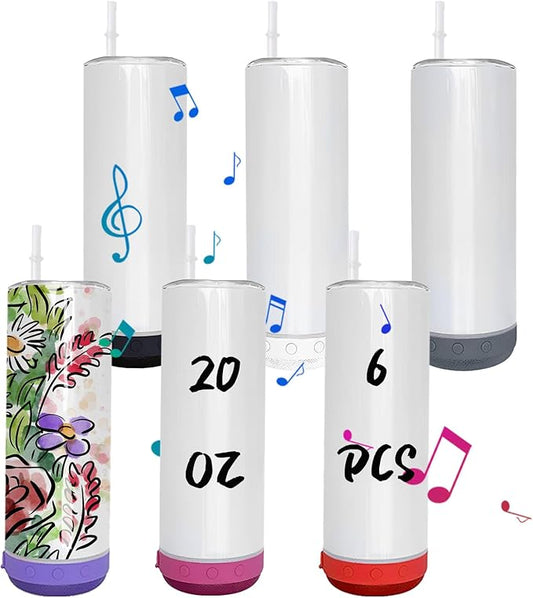 6 Pack 20 OZ Sublimation Blank Tumblers Bulk Stainless Steels Double Vacuum Bluetooth Speaker Music Insulated Tumbler with Lid and Straw Heat Transfer Cup Multicolor - Bloomnest