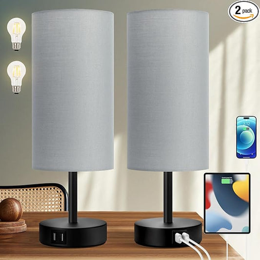 Yarra-Decor Bedside Lamps with USB Port - Touch Control Table Lamp for Bedroom 3 Way Dimmable Nightstand Lamp Set of 2 with Round Grey Fabric Shade for Living Room, Dorm, Home Office (Grey, 2 Pack) - Bloomnest