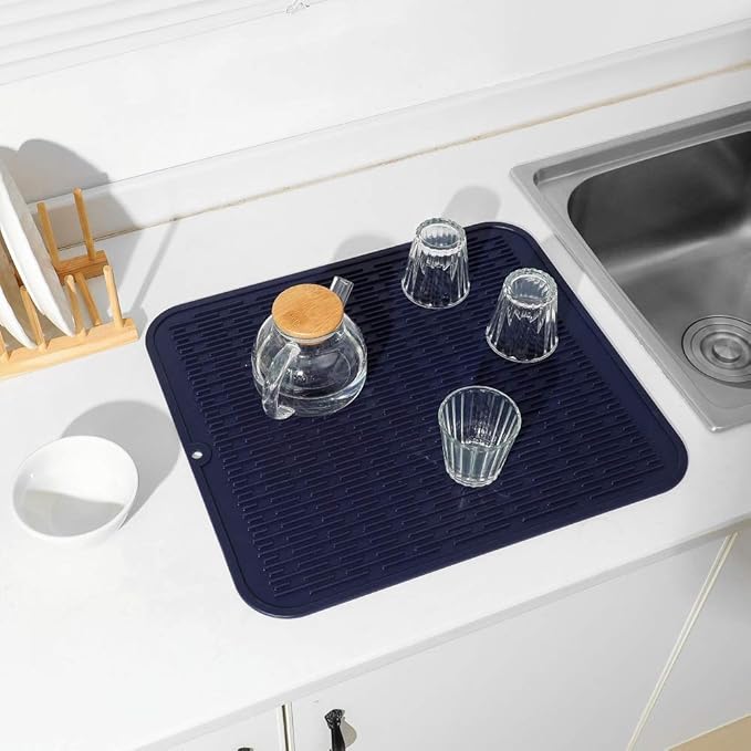 Silicone Dish Drying Mat for Multiple Usage,Easy clean,Eco-friendly,Heat-resistant Silicone Mat for Kitchen Counter or Sink,Refrigerator or Drawer Liner Navy Blue 2XL 24 inches x 18 inches - Bloomnest