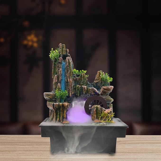Stone Fountain Indoor Water Fountains Tabletop Waterfall Fountains Relaxing Landscape Atomizing Humidifier with Rockery Plants LED Light for Home Office Bedroom (B) - Bloomnest