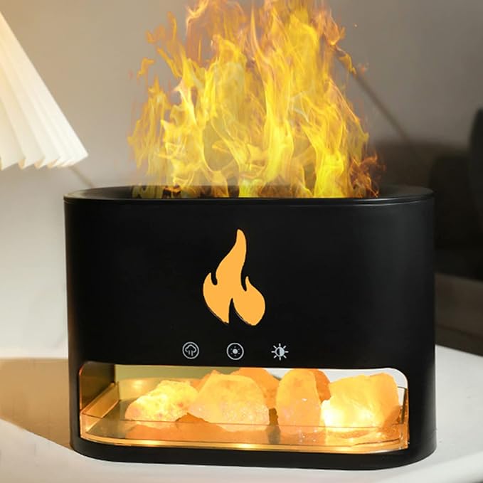 Essential Oil Diffuser, Fireplace Flame Fire Oil Diffuser, 250ml Himalayan Salt Lamp Diffuser, Cool Mist Aromatherapy Humidifier with 7 Colors Light, Timer & Auto-Off for Home, Room (Black) - Bloomnest