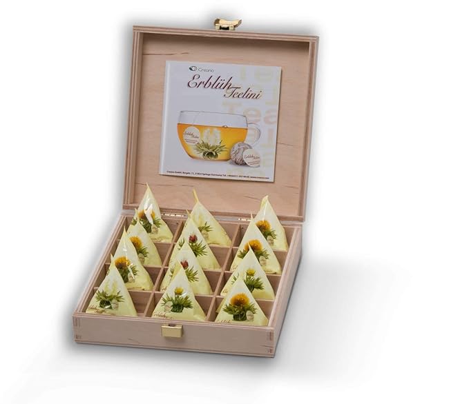 Creano Blooming Tea - Teelini Flowers in Cup Size - Gift Set in Wooden Box - 12 Pcs in 4 Varieties - White Tea - Bloomnest