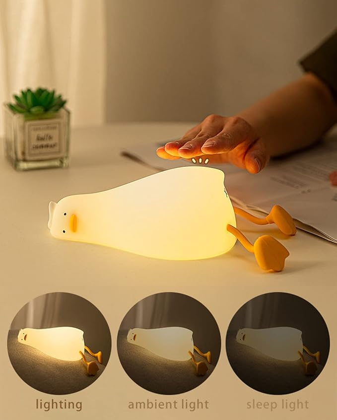 HAPPYBAG LED Lying Flat Duck Night Light, 3 Level Dimmable Nursery Nightlight,Cute Lamps Silicone Squishy Light Up Duck,Rechargeable Bedside Touch Lamp for Breastfeeding Toddler Baby Kids Decor - Bloomnest