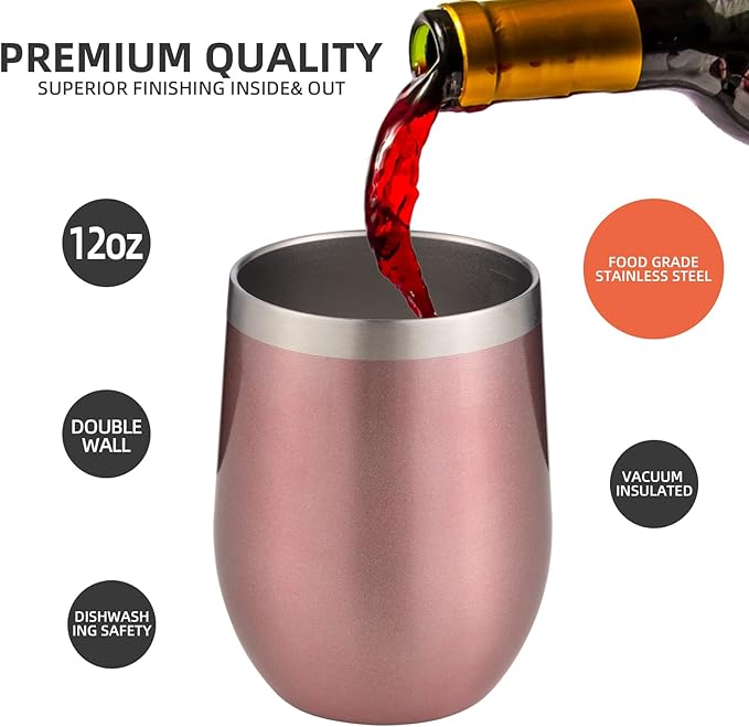 12 oz Insulated Wine Tumbler with Lid and Straw,Stainless Steel Stemless Wine Tumbler Glasses Double Wall Vacuum Wine Cups Tumbler for Coffee,Champaign,Cocktail (Rose Gold,1) - Bloomnest